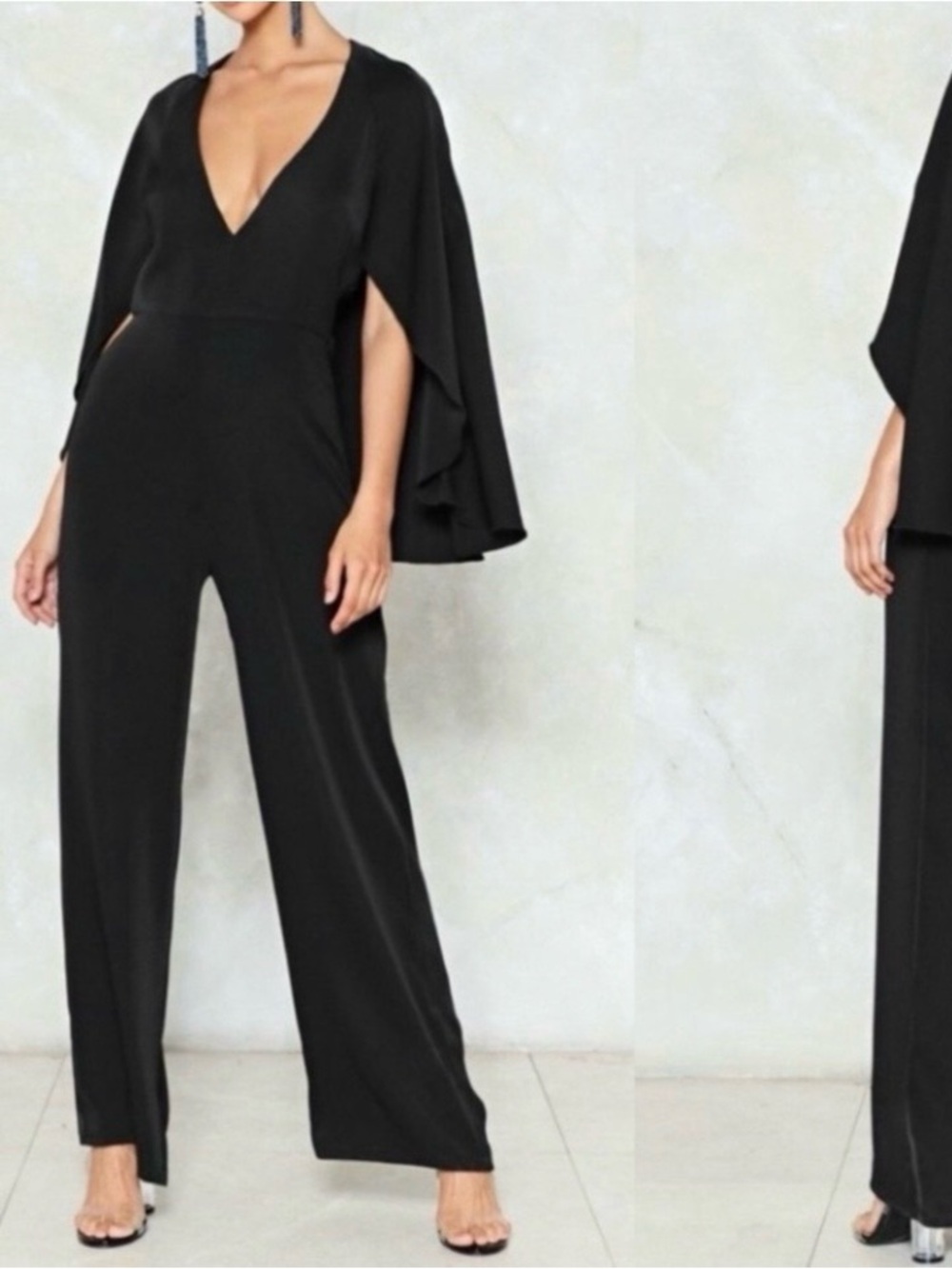 NWT New Nasty Gal Women Black Deep V Neck Cape Wide Straight Leg Jumpsuit Size 4